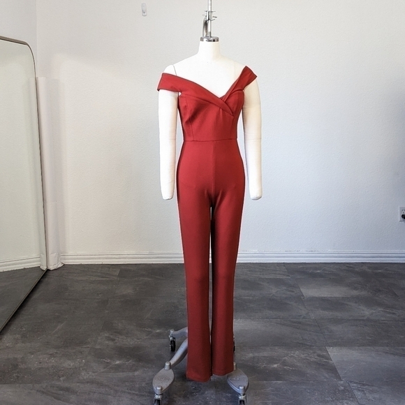 miss circle Pants - Miss Circle Off Shoulder Slim Leg Knit Jumpsuit Red Brown M party cocktail